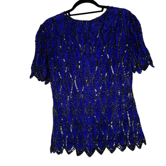 Stenay silk blue‎ cocktail evening blouse with black sequins and beading. Size M - Picture 2 of 11